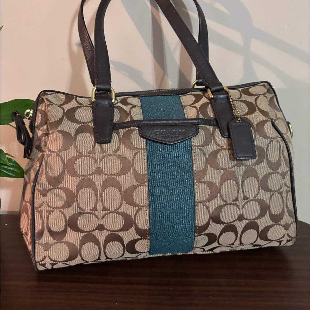 Coach Tan and Teal Signature Satchel